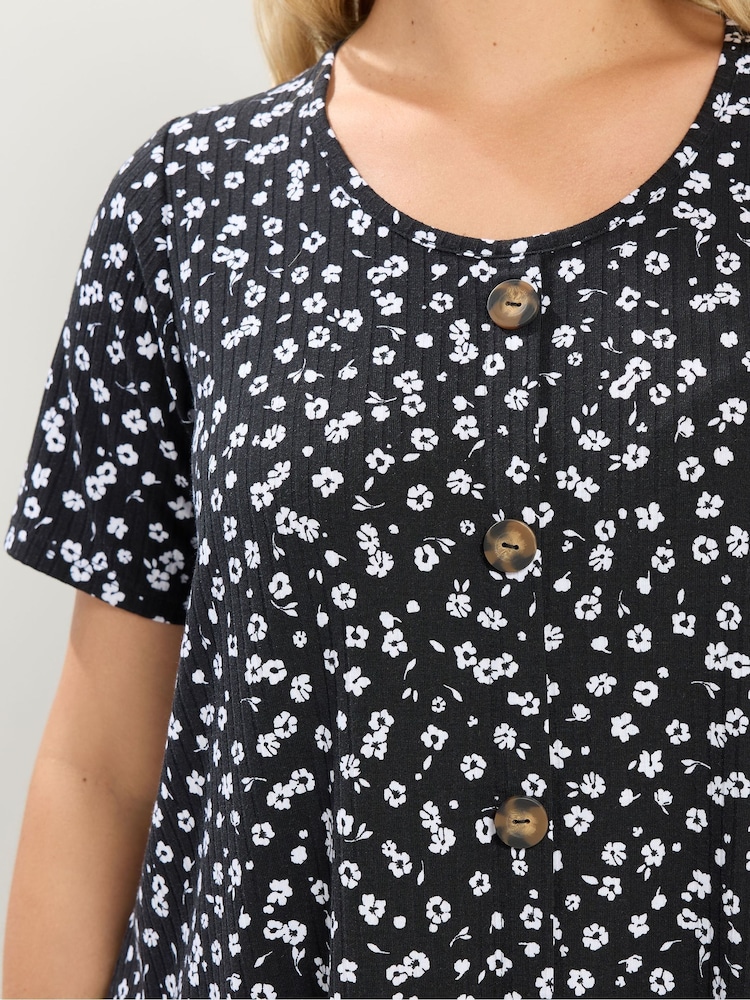 Yours Curve Black Ditsy Floral Ribbed T-Shirt - Image 4 of 4 Yours Curve Black Ditsy Floral Ribbed T-Shirt - Image 4 of 4