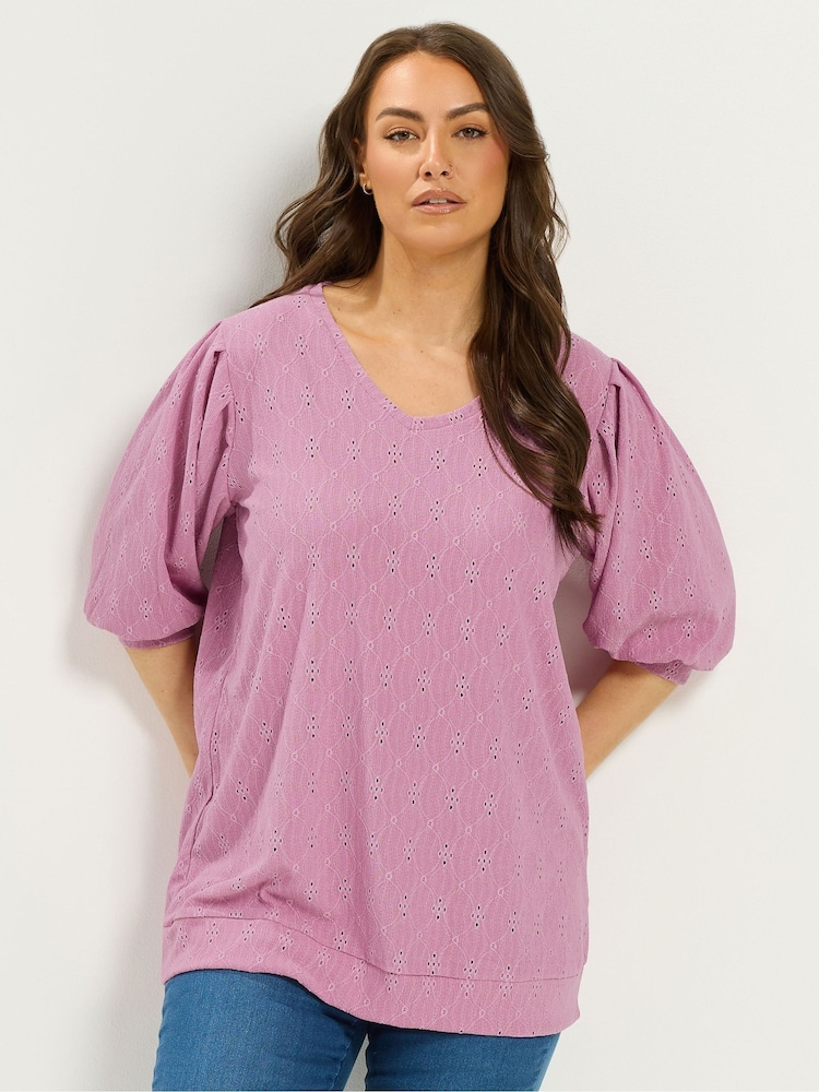 Yours Curve Pink Pointelle Balloon Sleeve Top - Image 1 of 5