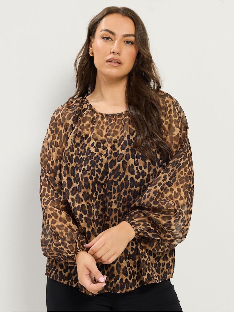 Yours Curve Natural Leopard Print Chiffon Top - Image 1 of 5 Yours Curve Natural Leopard Print Chiffon Top - Image 1 of 5