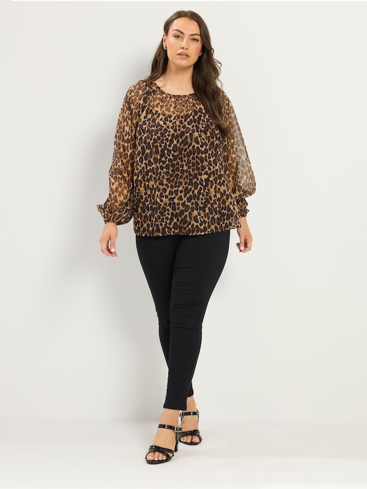 Yours Curve Natural Leopard Print Chiffon Top - Image 2 of 5 Yours Curve Natural Leopard Print Chiffon Top - Image 2 of 5