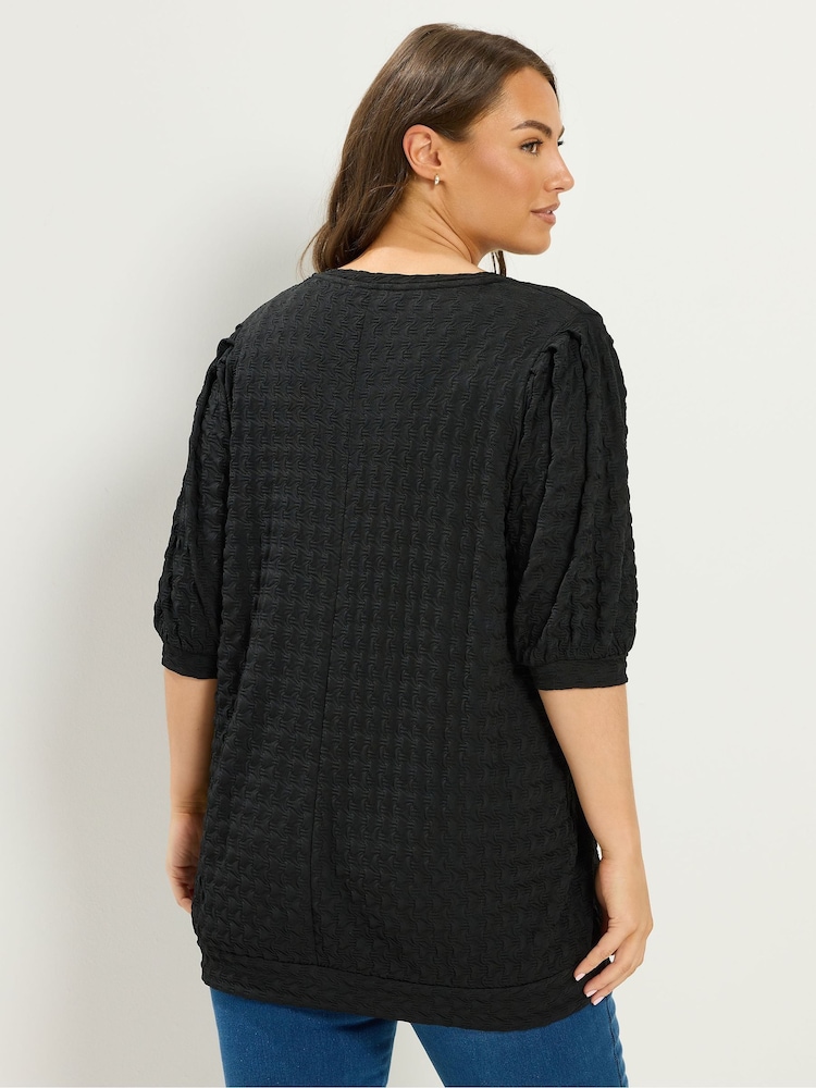 Yours Curve Black Textured Balloon Sleeve Top - Image 2 of 5 Yours Curve Black Textured Balloon Sleeve Top - Image 2 of 5