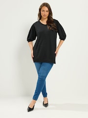 Yours Curve Black Textured Balloon Sleeve Top - Image 3 of 5