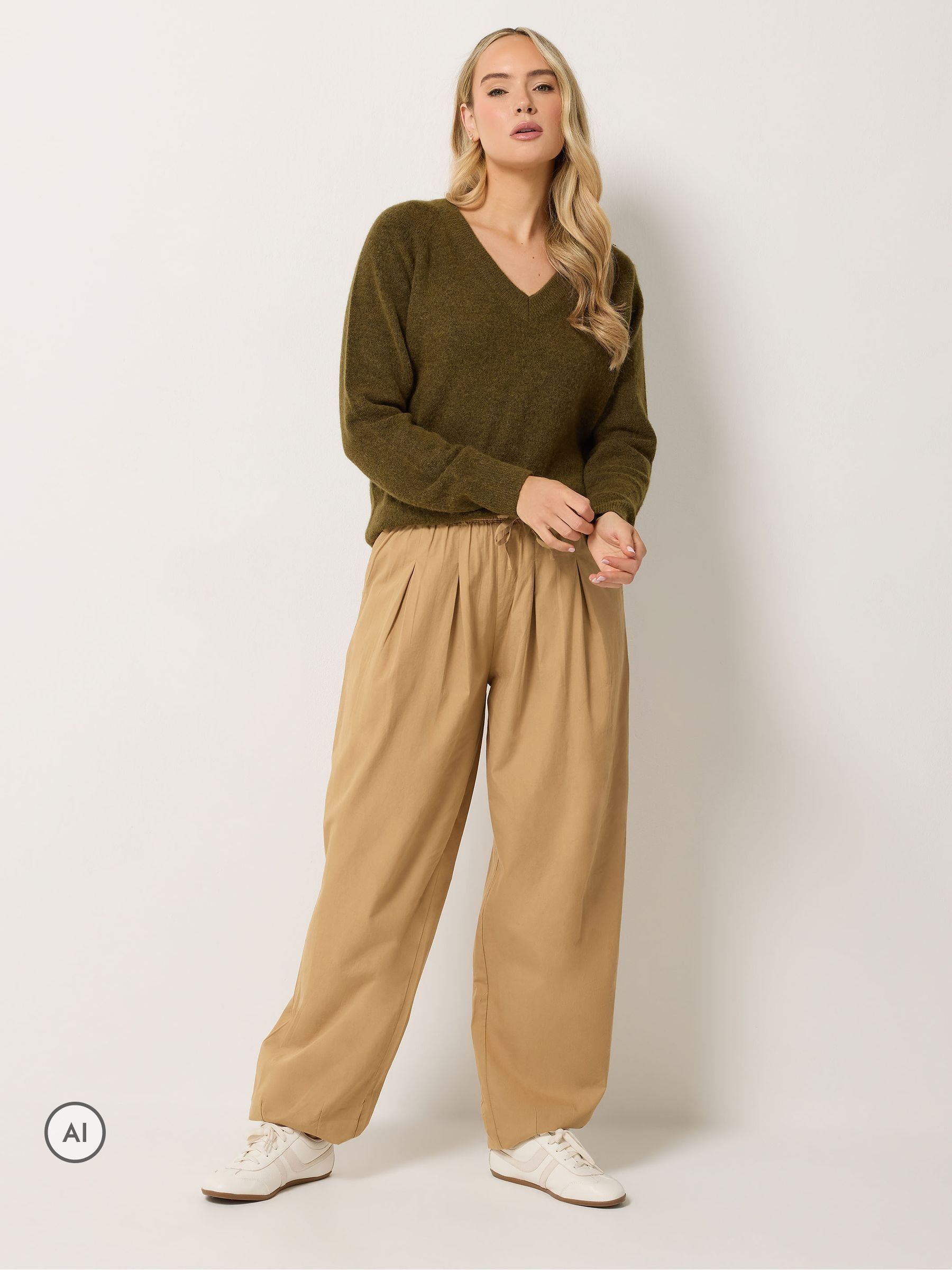 Long Tall Sally Women's Tan Tall Cotton Barrel Leg Trousers In 24XL - Image 2