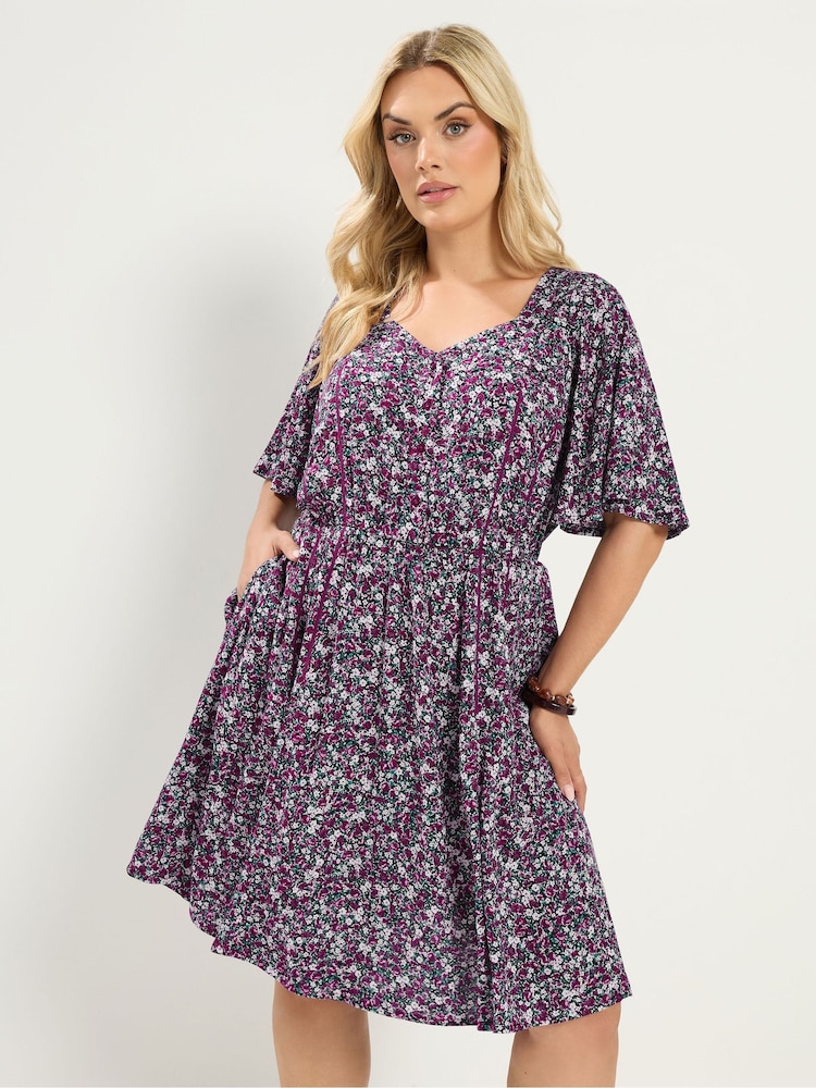 Yours Curve Black Ditsy Floral Smock Mini Dress - Image 1 of 6 Yours Curve Black Ditsy Floral Smock Mini Dress - Image 1 of 6