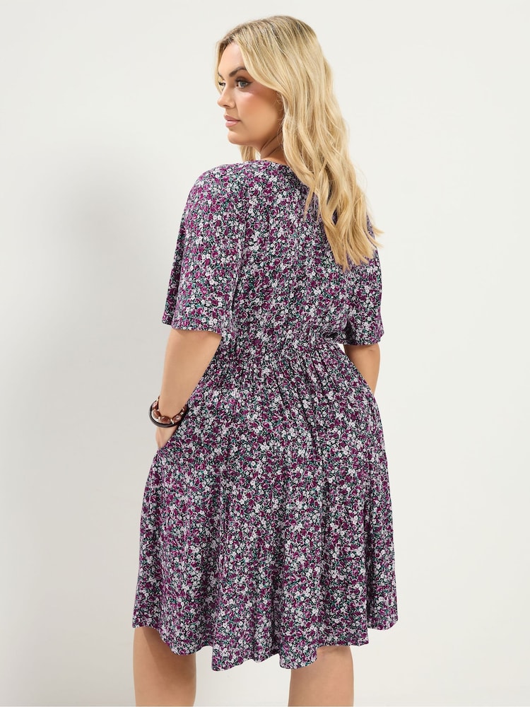 Yours Curve Black Ditsy Floral Smock Mini Dress - Image 2 of 6 Yours Curve Black Ditsy Floral Smock Mini Dress - Image 2 of 6