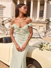 Lipsy Sage Green Bardot 3D Floral Trim Bridesmaid Dress - Image 2 of 5