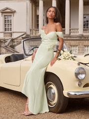 Lipsy Sage Green Bardot 3D Floral Trim Bridesmaid Dress - Image 4 of 5