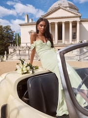 Lipsy Sage Green Bardot 3D Floral Trim Bridesmaid Dress - Image 5 of 5