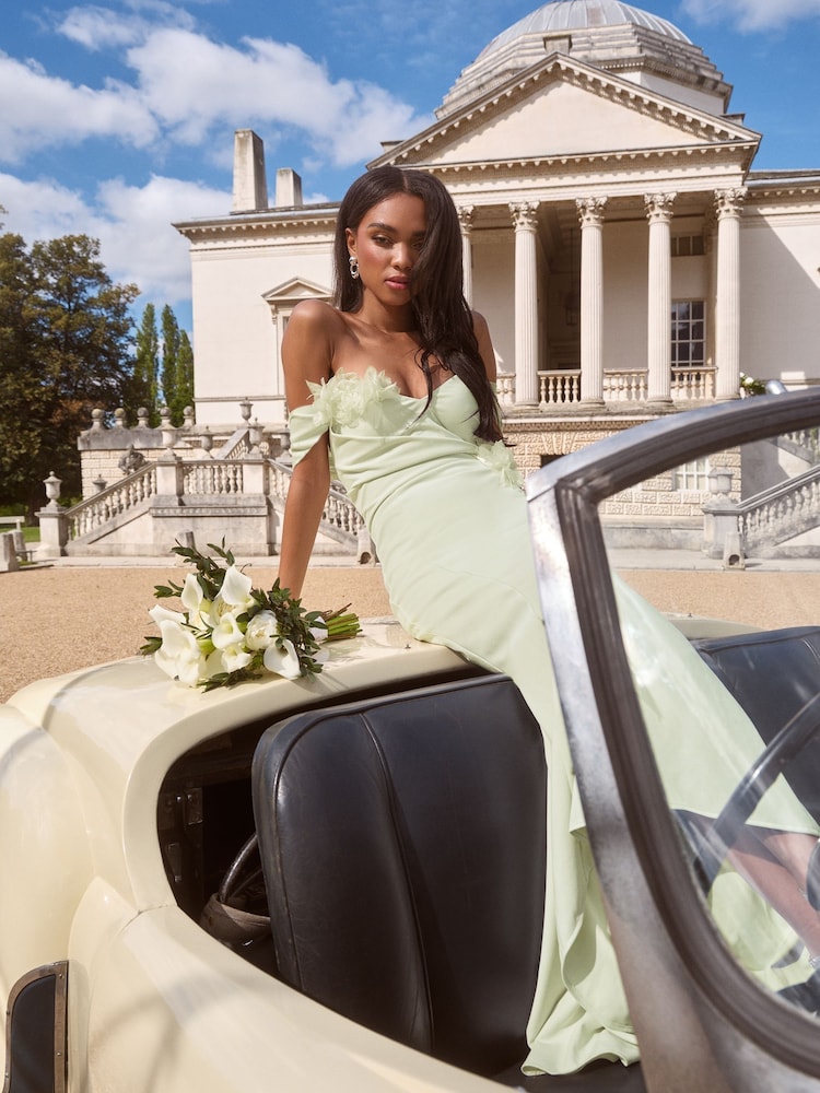 Lipsy Sage Green Bardot 3D Floral Trim Bridesmaid Dress - Image 5 of 5