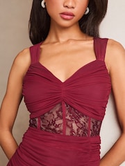 Lipsy Burgundy Red Lace Insert Corset Ruched Maxi Dress - Image 4 of 4