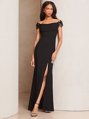 Lipsy Black Embelished 3D Floral Trim Bardot Maxi Dress - Image 1 of 1