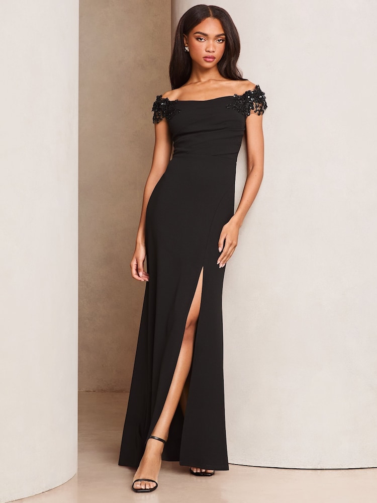 Lipsy Black Embelished 3D Floral Trim Bardot Maxi Dress - Image 1 of 1