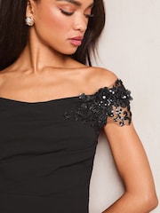 Lipsy Black Embelished 3D Floral Trim Bardot Maxi Dress - Image 2 of 4