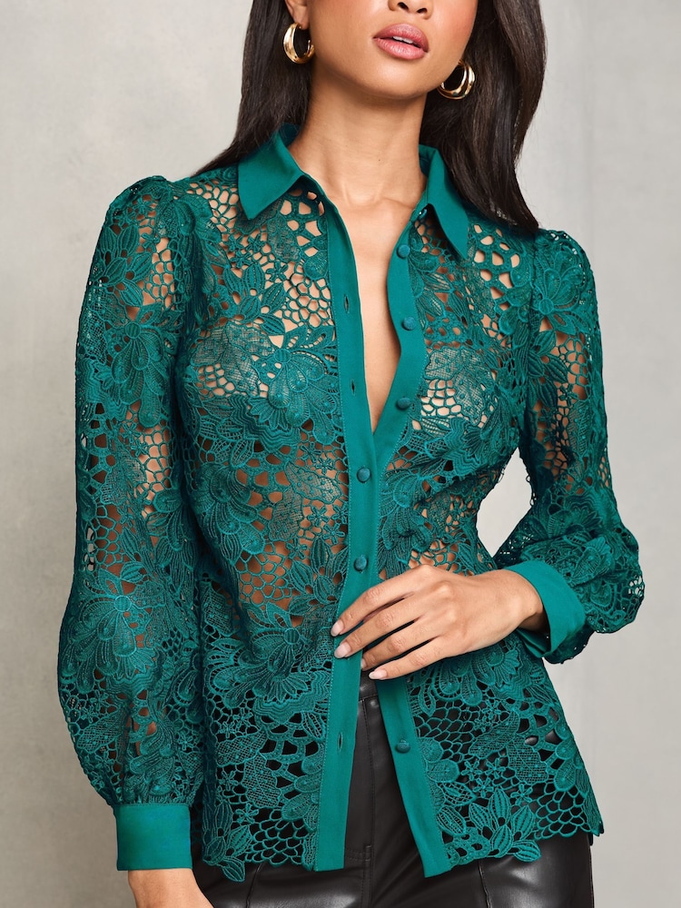 Lipsy Teal Luxury Lace Shirt - Image 1 of 4 Lipsy Teal Luxury Lace Shirt - Image 1 of 4