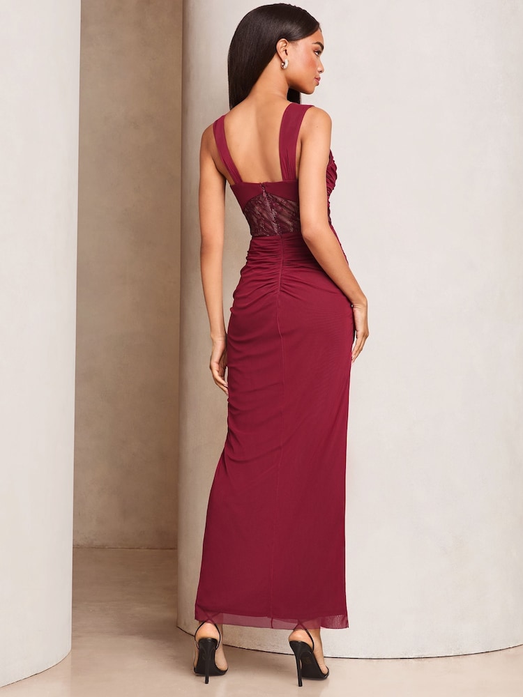 Lipsy Burgundy Red Petite Lace Insert Corset Ruched Maxi Dress - Image 2 of 4