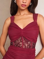 Lipsy Burgundy Red Petite Lace Insert Corset Ruched Maxi Dress - Image 4 of 4