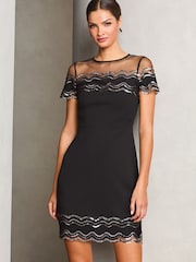 Lipsy Black Petite Short Sleeve Sequin Scallop A Line Mini Dress - Image 1 of 4
