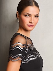 Lipsy Black Petite Short Sleeve Sequin Scallop A Line Mini Dress - Image 2 of 4