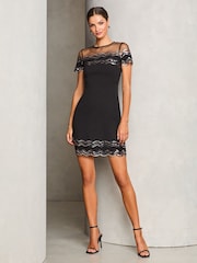 Lipsy Black Petite Short Sleeve Sequin Scallop A Line Mini Dress - Image 3 of 4