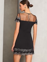 Lipsy Black Petite Short Sleeve Sequin Scallop A Line Mini Dress - Image 4 of 4
