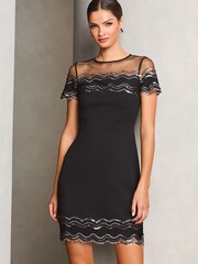 Lipsy Black Short Sleeve Sequin Scallop A Line Mini Dress - Image 2 of 4