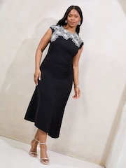 Lipsy Black Curve Sleeveless Floral Print Artwork Asymmetrical Midi Dress - Image 1 of 4