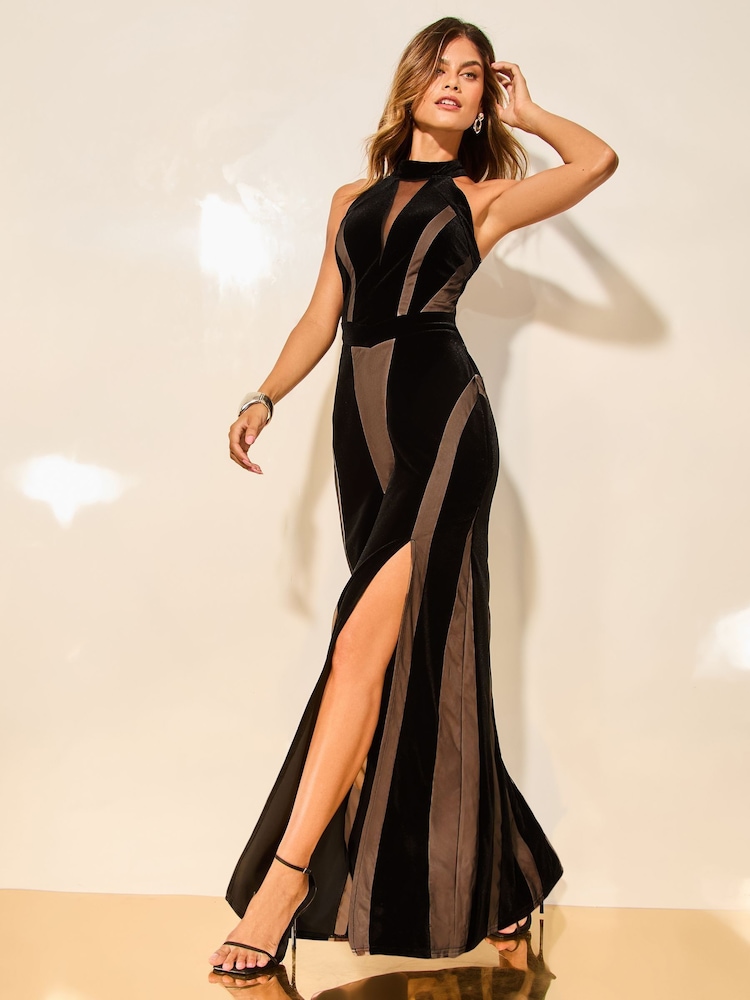 Lipsy Black Velvet Mesh Mix Paneled Maxi Dress - Image 1 of 1