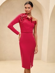 Vestido midi ajustado con cinturón, cuello con volantes y un solo hombro - Imagen 1 de 4