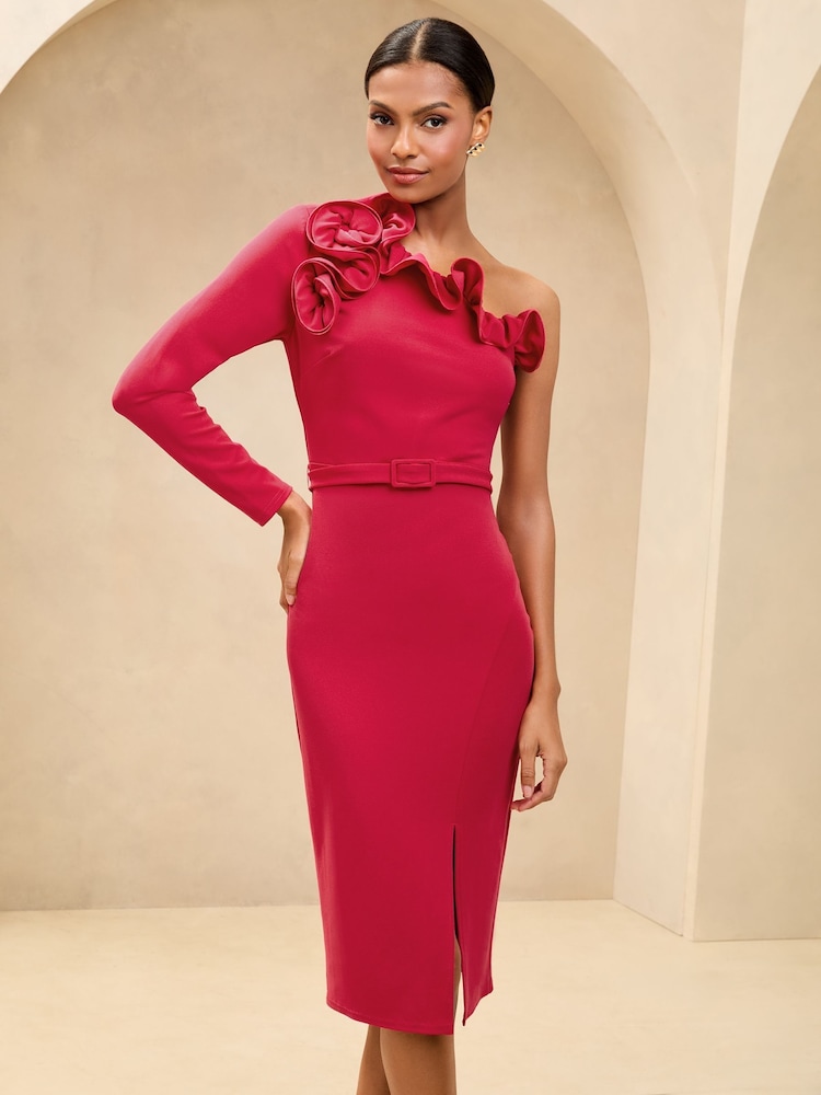 Vestido midi ajustado con cinturón, cuello con volantes y un solo hombro - Imagen 1 de 4