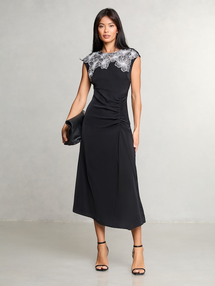 Lipsy Black Petite Sleeveless Floral Print Artwork Asymmetrical Midi Dress - Image 1 of 4