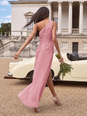 Lipsy Blush Pink Petite Pearl Embelished One Shoulder Wedding Bridesmaid Maxi Dress - Image 4 of 4