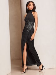 Lipsy Black Halter Mesh Insert Embellished Floral Print Maxi Dress - Image 3 of 4