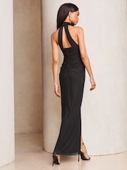 Lipsy Black Halter Mesh Insert Embellished Floral Print Maxi Dress - Image 4 of 4