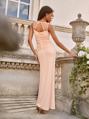 Lipsy Blush Pink Petite Applique Mesh 3D Floral Ruched Wedding Bridesmaid Dress - Image 3 of 5