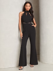 Lipsy Black Lace Insert Halter Tailored Jumpsuit - Image 1 of 1