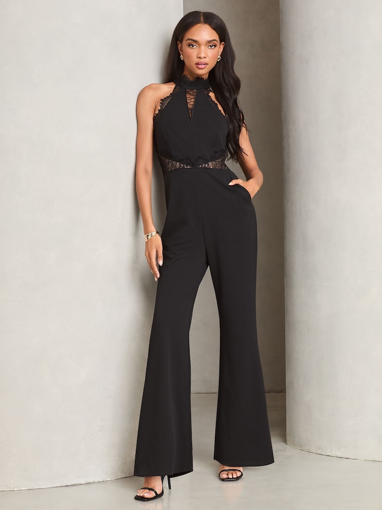 Lipsy Black Lace Insert Halter Tailored Jumpsuit - Image 1 of 1