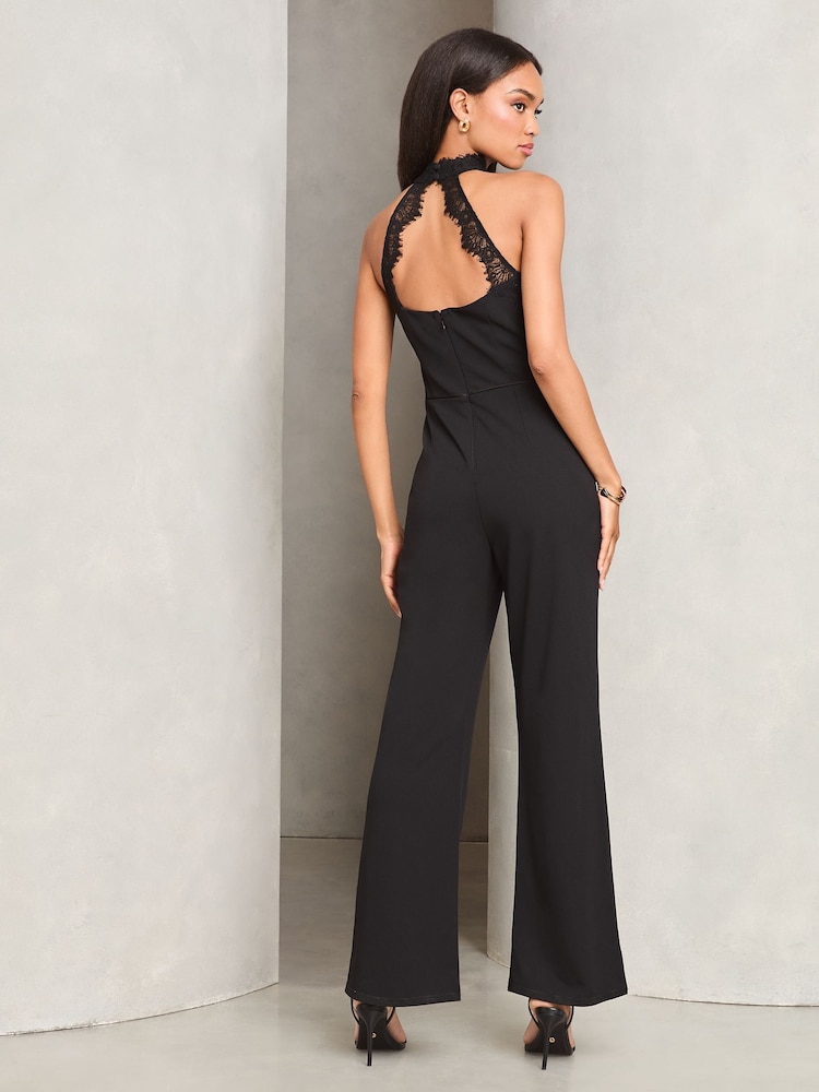 Lipsy Black Lace Insert Halter Tailored Jumpsuit - Image 3 of 4