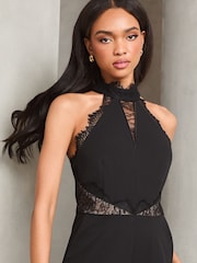 Lipsy Black Lace Insert Halter Tailored Jumpsuit - Image 4 of 4