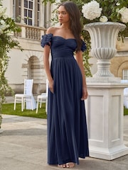Lipsy Navy Petite 3D Floral Trim Bardot Bridesmaid Maxi Dress - Image 1 of 4