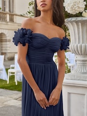 Lipsy Navy Petite 3D Floral Trim Bardot Bridesmaid Maxi Dress - Image 2 of 4