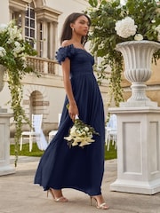 Lipsy Navy Petite 3D Floral Trim Bardot Bridesmaid Maxi Dress - Image 3 of 4