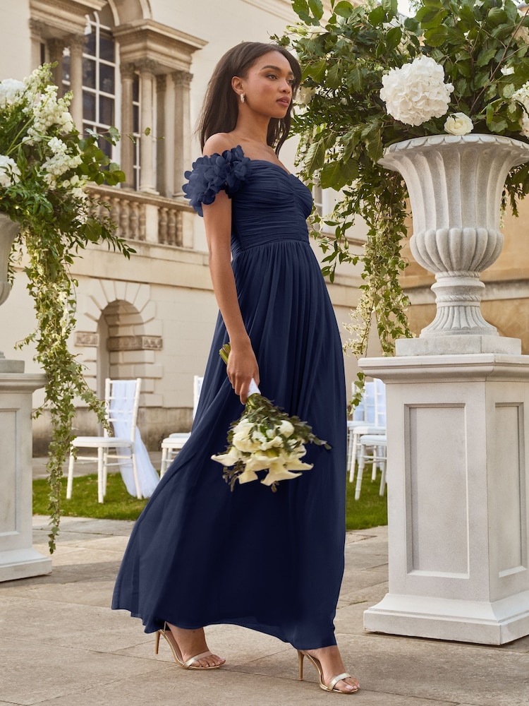 Lipsy Navy Petite 3D Floral Trim Bardot Bridesmaid Maxi Dress - Image 3 of 4