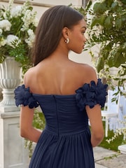 Lipsy Navy Petite 3D Floral Trim Bardot Bridesmaid Maxi Dress - Image 4 of 4
