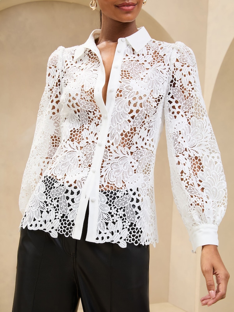 Lipsy White Luxury Lace Shirt - Image 1 of 5 Lipsy White Luxury Lace Shirt - Image 1 of 5