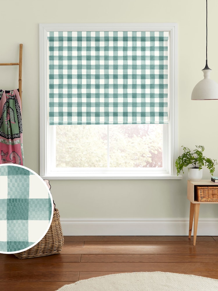 Cath Kidston Green Hand painted Gingham Made to Measure 100% Cotton Roman Blind - Image 1 of 6