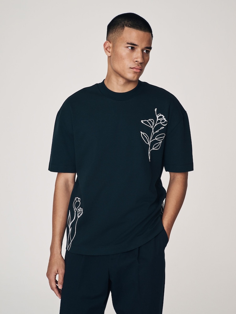 Black Floral Embroidery Relaxed Fit T-Shirt - Image 1 of 9