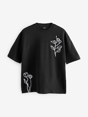 Black Floral Embroidery Relaxed Fit T-Shirt - Image 7 of 9