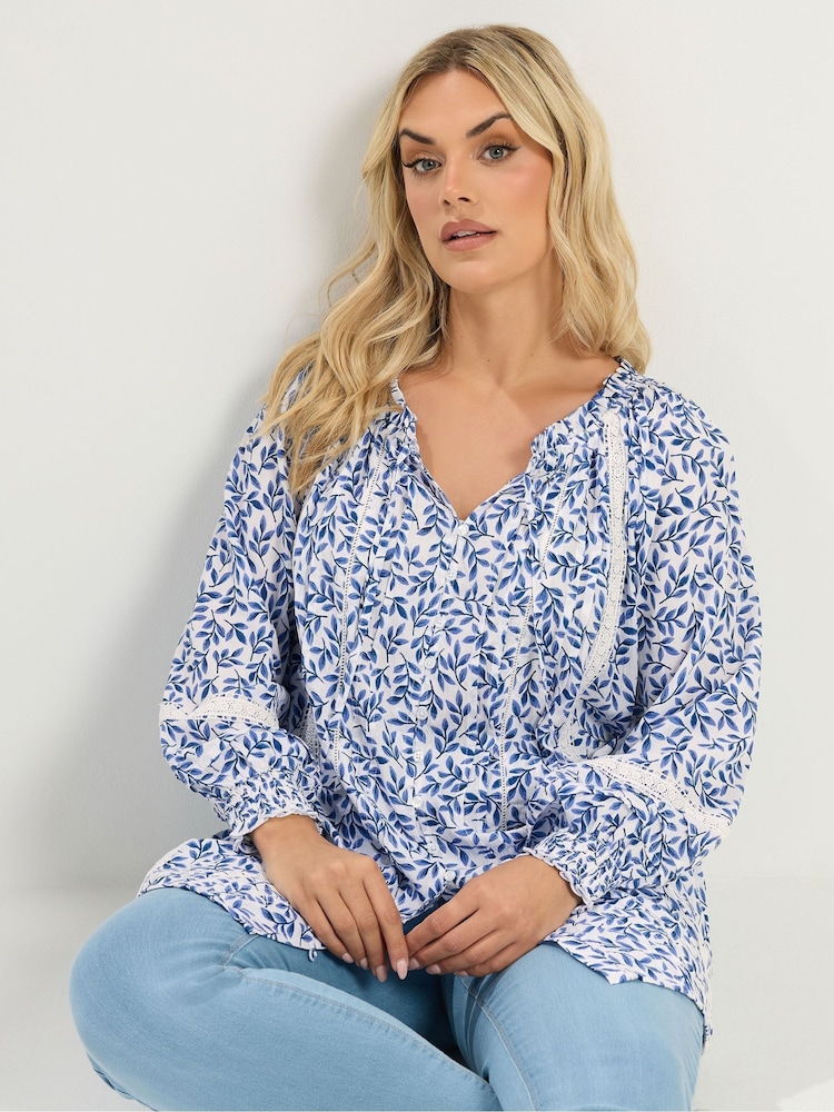 Yours Curve Blue Leaf Pintuck Blouse - Image 2 of 7 Yours Curve Blue Leaf Pintuck Blouse - Image 2 of 7