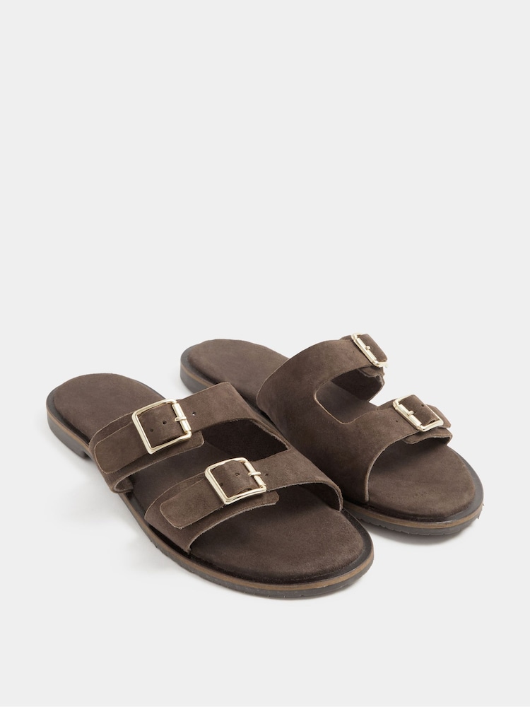 Yours Curve Brown Extra-Wide Fit EEE Double Buckle Footbed Mule - Image 1 of 4 Yours Curve Brown Extra-Wide Fit EEE Double Buckle Footbed Mule - Image 1 of 4