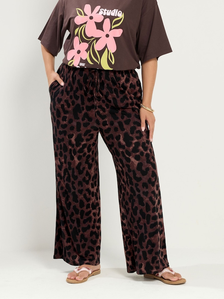 Yours Curve Brown Leopard Print Trousers - Image 1 of 6 Yours Curve Brown Leopard Print Trousers - Image 1 of 6